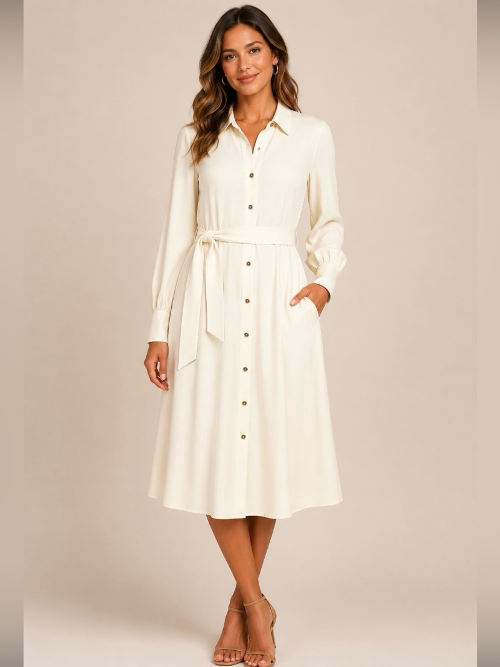 NWT Banana Republic Classic Cream Button-Front Shirt Dress with Tie Waist